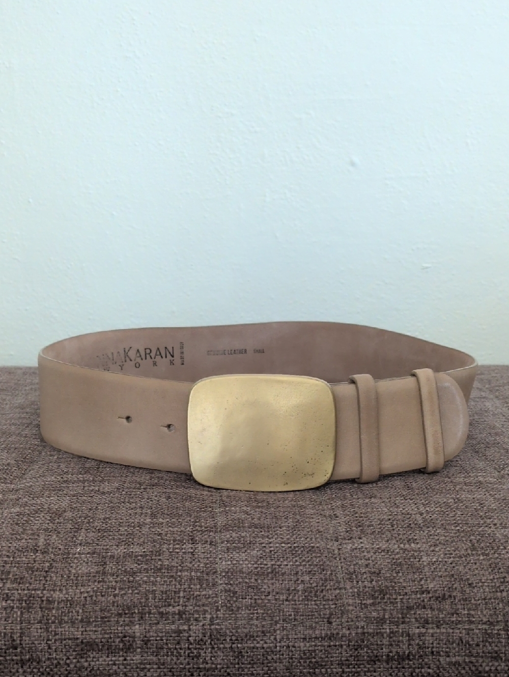 Donna Karan Khaki Leather Belt with Brushed Gold Buckle